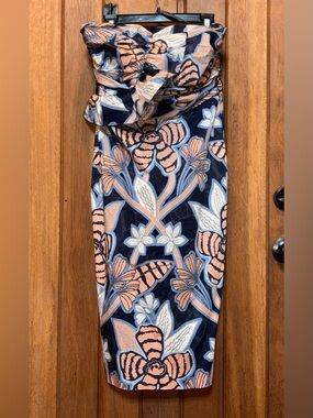 White House Black Market Strapless Floral Midi Dress in Navy, Peach & White